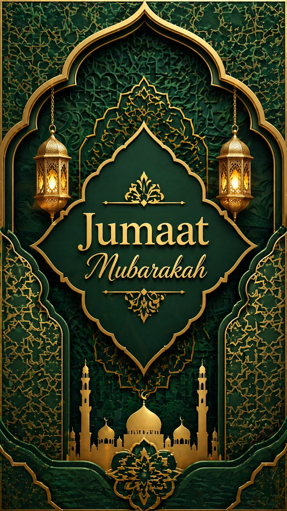 Islamic geometric pattern in green and gold with Jumaat Mubarakah Malay Friday blessing, vertical